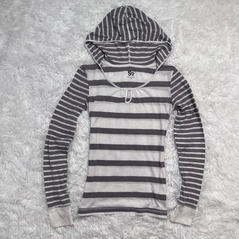 Y2K Gray & White Striped Hooded Long Sleeve Top Medium